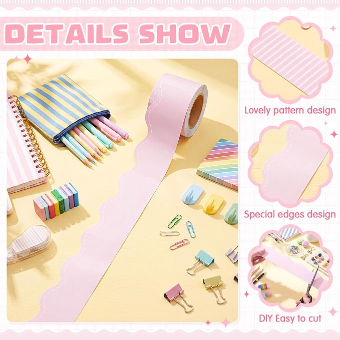 2 Rolls 65.6ft Light Pink Striped Bulletin Board Borders Decoration Scalloped and Straight Edge Pink Bulletin Borders Board Trim for Office School Classroom Chalkboard Party Decoration