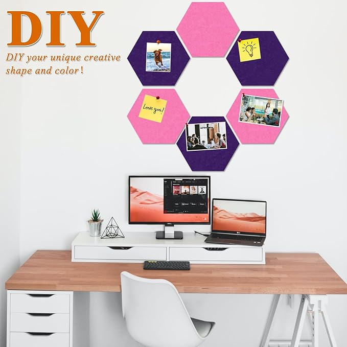 Large Hexagon Felt Cork Board Tiles, Self Adhesive DIY Felt Bulletin Board Pin Board with 35 Pushpins for Office School Home Wall Decor Stickers Memos Photos Display(Purple+Pink)