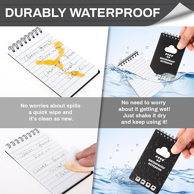 4 Pack Weatherproof Pocket Notebook, 5" x 3" Top-Spiral Weatherproof All Weather Notepad for Office School Police Outdoor Recording Steno Note Pads