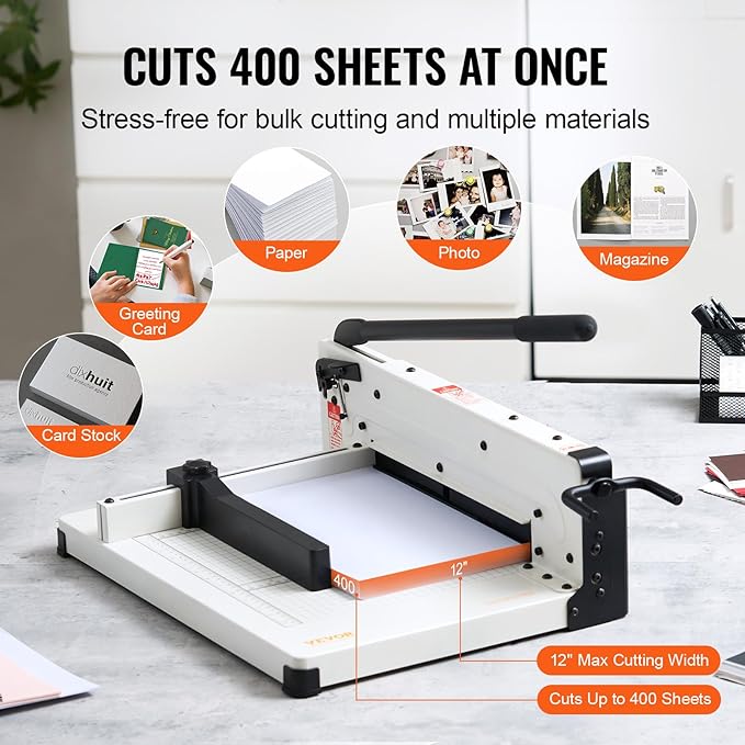 VEVOR Heavy Duty Paper Cutter, 12" Industrial Commercial Guillotine Paper Cutter for A4 Paper, 400 Sheet Capacity, Solid Steel Construction, Stack Paper Trimmer for Office Home School Shop, White