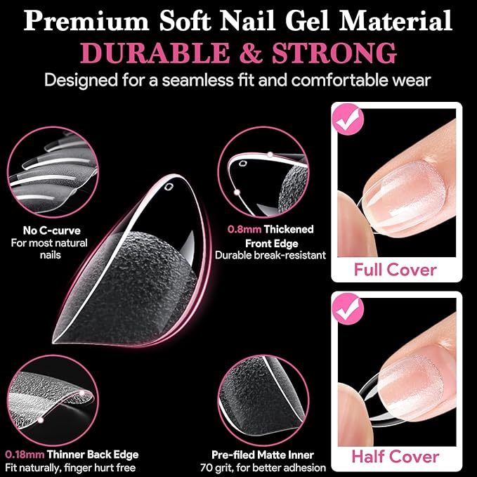 Extra Short Almond False Nail Tips, 15 Sizes 510 PCS Clear Soft Press On Fake Nail Pre-shaped Half Matte Full Cover Gel Nail Tips Extensions Thick Long Lasting for DIY Beginners & Salon Manicure