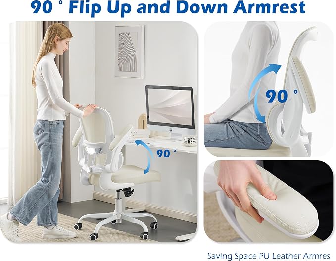 TRALT Ergonomic Office Chair Desk Chair with Adjustable Lumbar Support | Desk Chair Comfy with Flip-up Armrests Ergonomic Chair - Mesh Computer Chairs for Adults, 330lbs, PU Leather (Beige, 1)