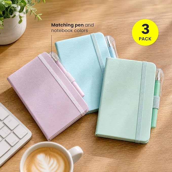 AISBUGUR Small Notebook Journal - 3 Pack Total 480 Pages - Pocket Notebooks with Pens for Work - 3.7" x 5.7" A6 Notebook - Hardcover Mini Notebooks