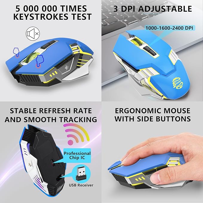 3-Mode RGB Silent Rechargeable Wireless Gaming Mouse Blue | BT5.0/BT3.0+2.4G connection, RGB backlight & quiet click, for gaming office, compatible with Laptop, PC, Mac, iPad & Tablet