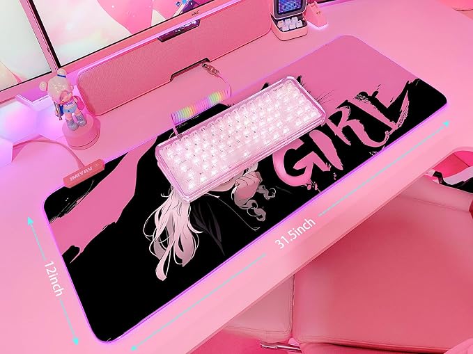 JMIYAV Pink RGB Gaming Mouse Pad 31.5x12 Inch PC XL Large Extended Glowing Led Light Up Desk Pad Non-Slip Rubber Base Computer Cute Mousepad Mat Desk Accessories Gaming Setup Dream Girl