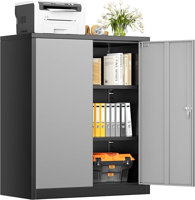 Metal Storage Cabinet, 36” Steel Locking Cabinet with Doors and Shelves, Black Grey Utility Cabinet Garage Cabinets for Home Office, Garage, Kitchen