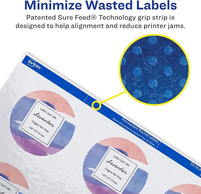 Avery® Printable Round Labels, Sure Feed® Technology, Glossy White Labels, 2" Diameter, Permanent Adhesive, Laser/Inkjet, 120 Per Pack for 240 Total (2-Pack of 22807)