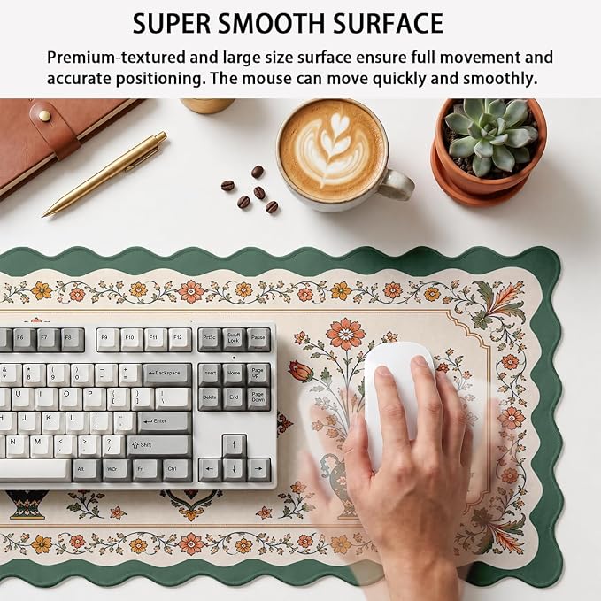 Vintage Floral Scalloped Mouse Pad Sage Vase Medallion French Country Large Gaming with Stitched Edges,Non-Slip Waterproof Rubber Base Mous Mat Office Computer Keyboard Laptop Home 31.5"x15.7"