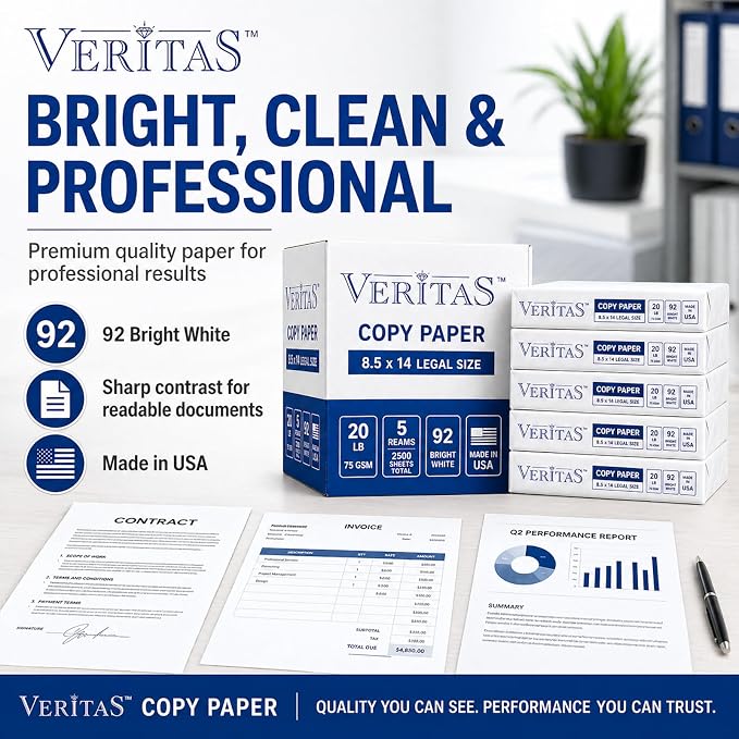Veritas Copy Paper 8.5 x 14 Legal Size, 5 Reams, 2500 Sheets Total, 20 lb / 75 GSM, 92 Bright White Multipurpose Printer Paper for Office, Business, Legal Documents, Laser & Inkjet, Made in USA