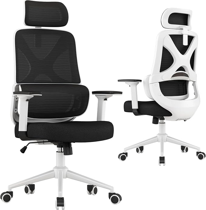 Mesh Ergonomic Office Chair with Lifting Armrests Home Office Desk Chair with Headrest and Backrest 90-150 Adjustable for Home, Office, Gaming, Student（White+Black）