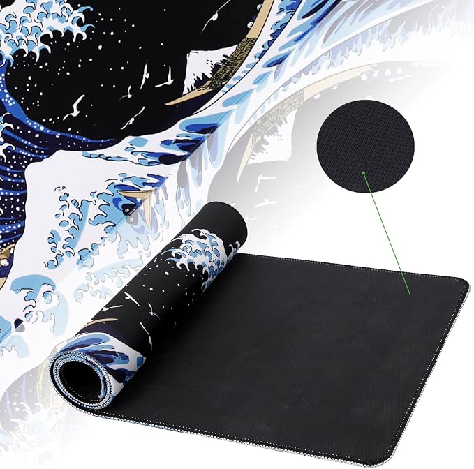 MEWOOCUE® Gaming Mouse Pad for Desk,Large Wave Mousepad Laptop,Black Japanese Anime Mouse Mat,Long XXL Waterproof Keyboard Pads,Big Non-Slip Mousepads for Game Office Home（35.4 x 15.7 in）