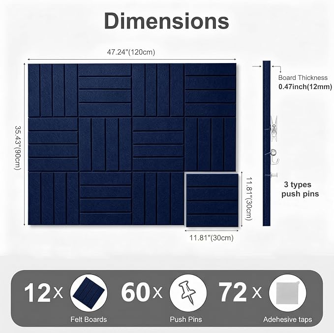 0.47" Thick Felt Wall Tiles 48"x36" Cork Board Alternative 12 Pack 11.81"x11.81"Felt Bulletin Board Pin Board with Removable Adhesive Tape&60 Pushpins for Home Office School(Bold-Dark Blue)