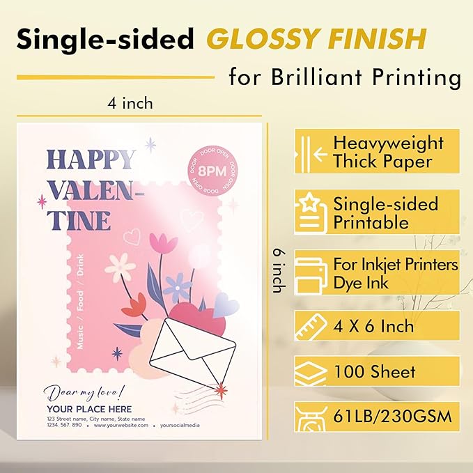 Koala Heavyweight Photo Paper High Glossy 4x6 Inches for Inkjet Printing 100 Sheets 61LB