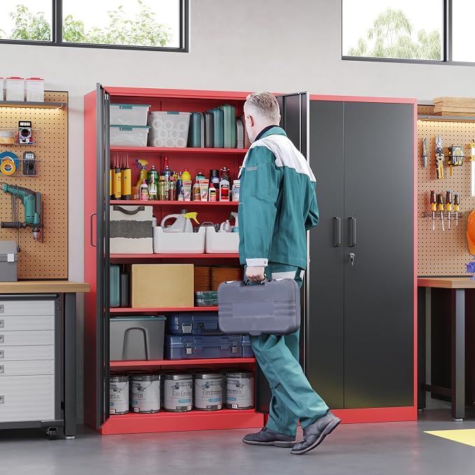 Metal Garage Storage Cabinets with Lock, 72" Tall Locker Organizer Steel Tool Cabinets,5 Adjustable Shelves 2 Doors for Home Office, Warehouse,Garage,Industrial,Employee (Black Red)