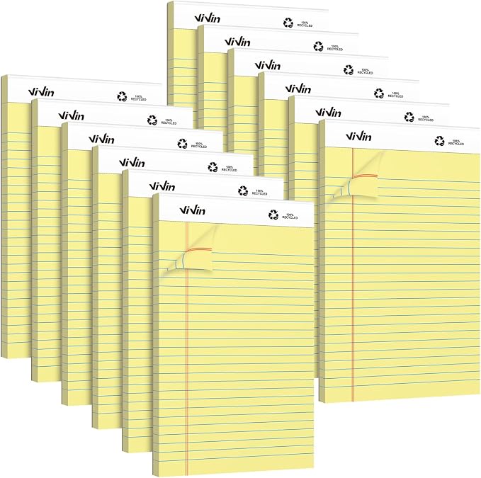 ViVin Legal Pads 5" x 8", 12 Pack, Narrow Ruled, Perforated Notepads | 30 Sheets Per Note Pads, Small Writing Pads Ideal for Home, Office, Business, Canary Yellow Paper