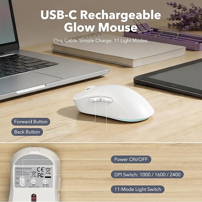 Wireless Keyboard and Mouse Combo, Backlit Round Keycaps, Retro Typewriter Keyboard with Detachable Wrist Rest, Rechargeable & Tilt Legs, 2.4GHz Cordless Connection for Windows/PC (Glowing White)