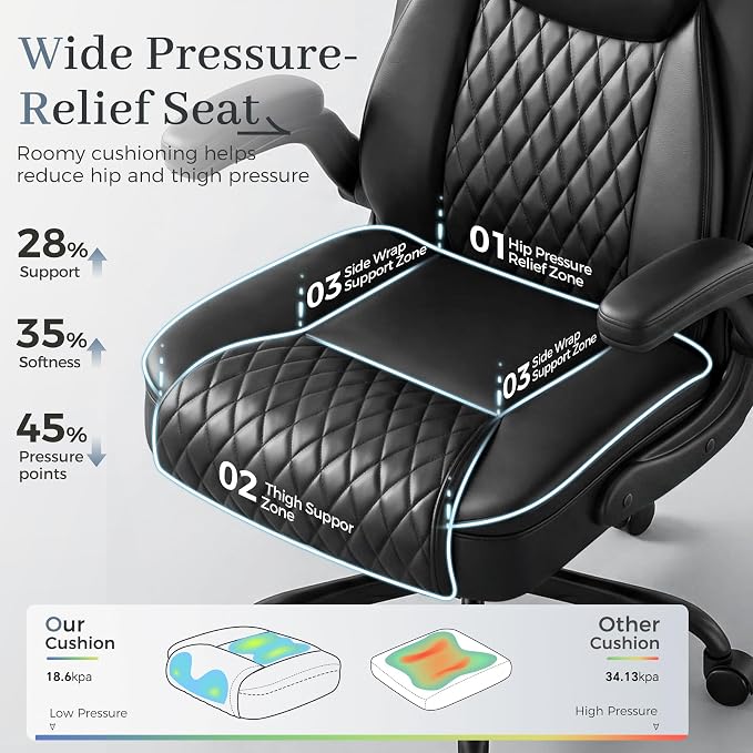 GTPOFFICE Executive Office Chair with Comfortable Lumbar Support, Ergonomic Gaming Chair with Flip-up Armrests & Zoned Pressure-Relief Cushion, Comfy PU Leather Desk Chair, Light Black