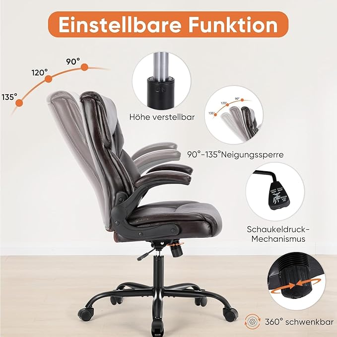 Sweetcrispy Ergonomic Computer Gaming Office Chair Set of 2, Heavy Duty Task Desk Swivel Rolling Chairs with Wheels, Flip-up Arms, Adjustable Height, PU Leather,Dark Brown