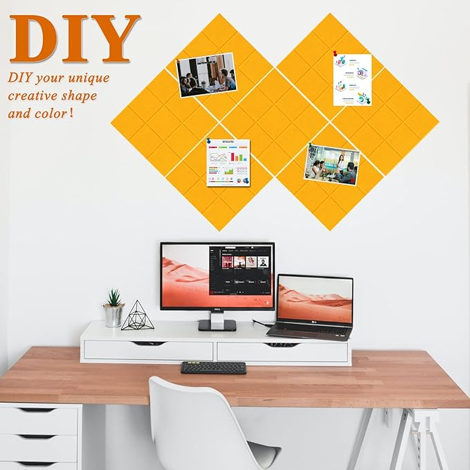 Large Square Felt Cork Board Tiles, Self Adhesive DIY Felt Bulletin Board with 35 Pushpins for Office School Home Wall Decor Stickers Memos (Orange)