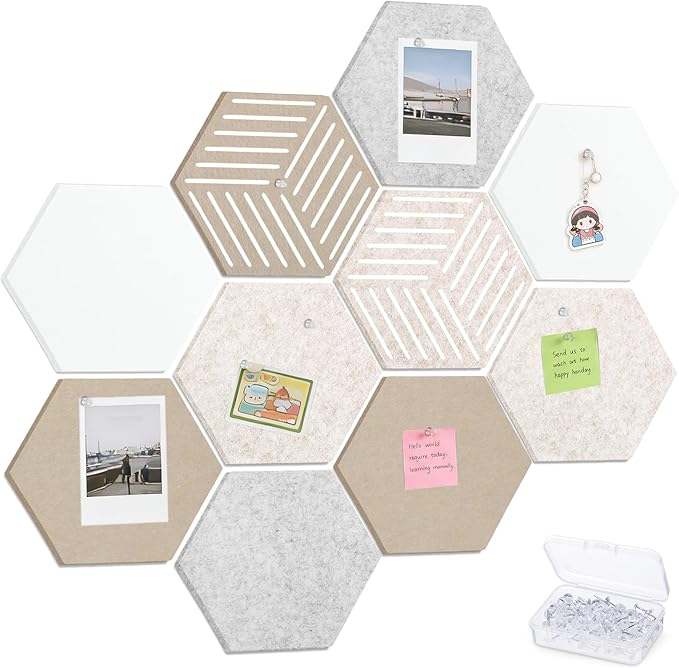 10 Pack Hexagon Cork Board, 12" x 10" Self-Adhesive Felt Bulletin Board Tiles with 40 Pushpins, Pin Boards for Wall Decor Home Office School DIY Display Boards for Photos (Camel Color Theme)