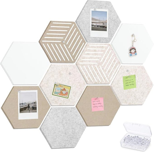 10 Pack Hexagon Cork Board, 12" x 10" Self-Adhesive Felt Bulletin Board Tiles with 40 Pushpins, Pin Boards for Wall Decor Home Office School DIY Display Boards for Photos (Camel Color Theme)