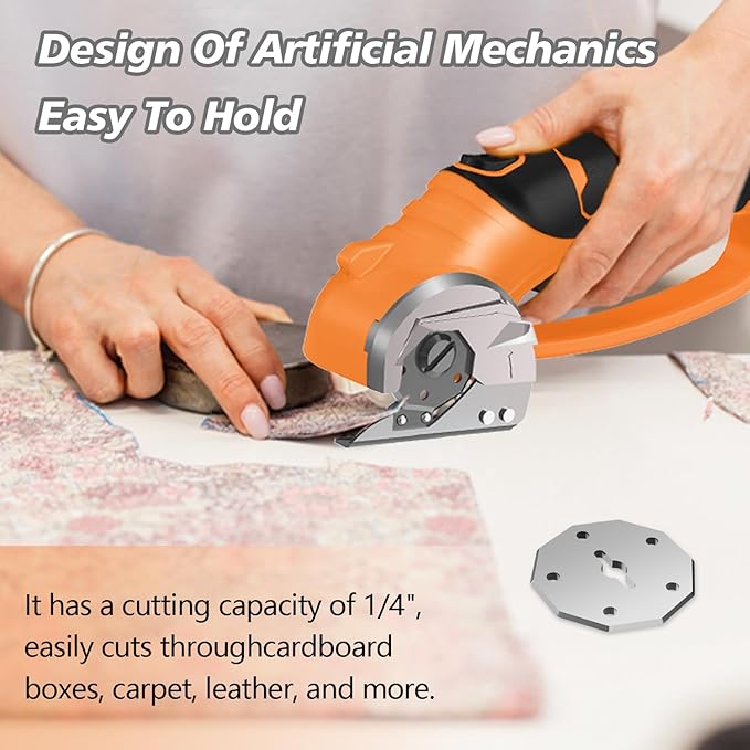 Cordless Electric Scissors, 4V Rechargeable Box Cutter & Cardboard Cutter with LED Light, Safety Lock - Rotary Cutter for Fabric, Leather, Carpet, Plastic, Crafting, Sewing with Storage Box (Orange)