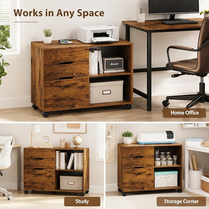 Simple Deluxe 3 Drawer Rolling File Cabinet, Wood Printer Stand with Adjustable Shelf for Home Office Study Organizatiom, Brown