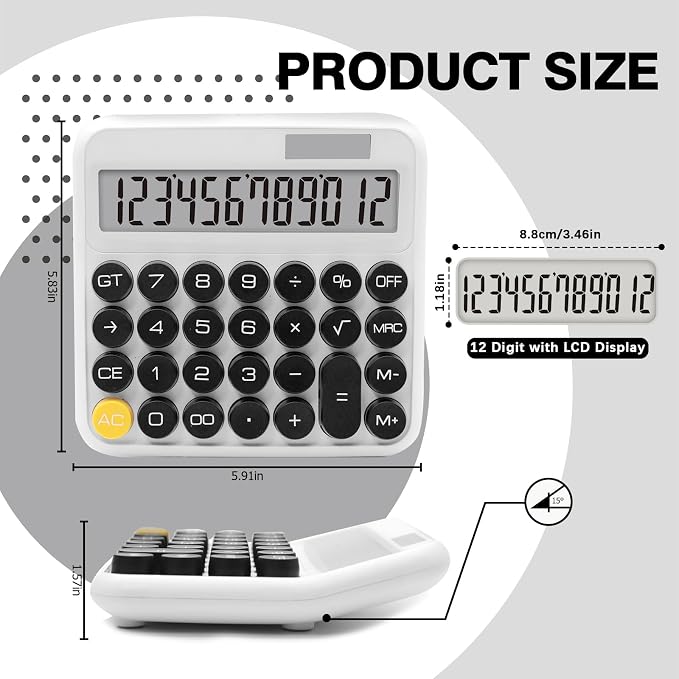 Black White Calculator, Big Button Calculator with Large LCD Display | Black White Calculators Desktop for Offices, Solar Calculator Powered by two Modes, Black and White Desk Accessories