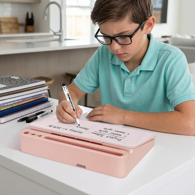 DOLLAR BOSS 12"x7" Small Glass Desktop Whiteboard, Pink | Dry Erase Board with Storage Drawer, Computer Keyboard Stand, Desk Organizer, Office Accessories, School Supplies