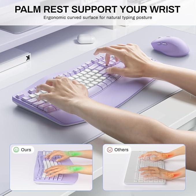 Wireless Keyboard and Mouse Combo,2.4G Ergonomic Wave Keys(Purple-B) | Full Size Cordless Keyboard with Wrist Rest,3-Level DPI Ergonomic Mouse for Office and Home,Windows/Mac OS/Desktop/Laptop/PC