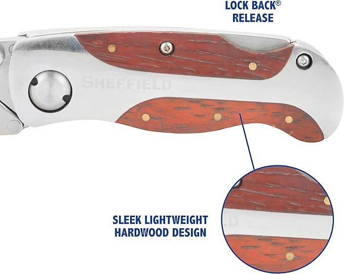 Sheffield 12818 Folding Utility Knife with Leather Sheath, Stocking Stuffers, Gifts for Men, Dad Gifts, Quick-Change Utility Knife Blades, Lightweight Hardwood Handle, Box Cutter, Cardboard Cutter