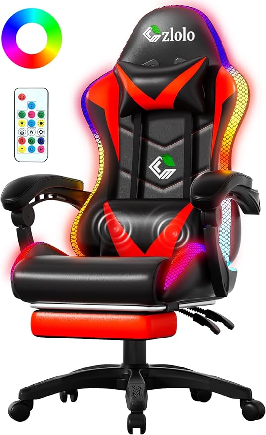 Gaming Chair, RGB LED Lights Computer Chair with Footrest, Lumbar Support Massager Gamer Chair, High Back, 90-135° Reclining, Linkage Armrests, Red