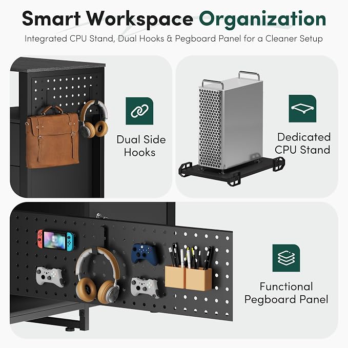 MALOL 70.3" L-Shaped Office Desk, Reversible L-Shaped Computer Desk with Power Outlet, Large Executive Desk with Locked File Drawers & Storage Shelves, Pegboard, Mobile CPU Stand, Modern Corner Desk