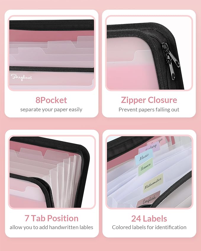 SKYDUE Accordion File Organizer, 7 Pocket Expanding File Folder with Front Pocket, Important Document Organizer with Double Zipper, School Office Supplies，Pink Folder