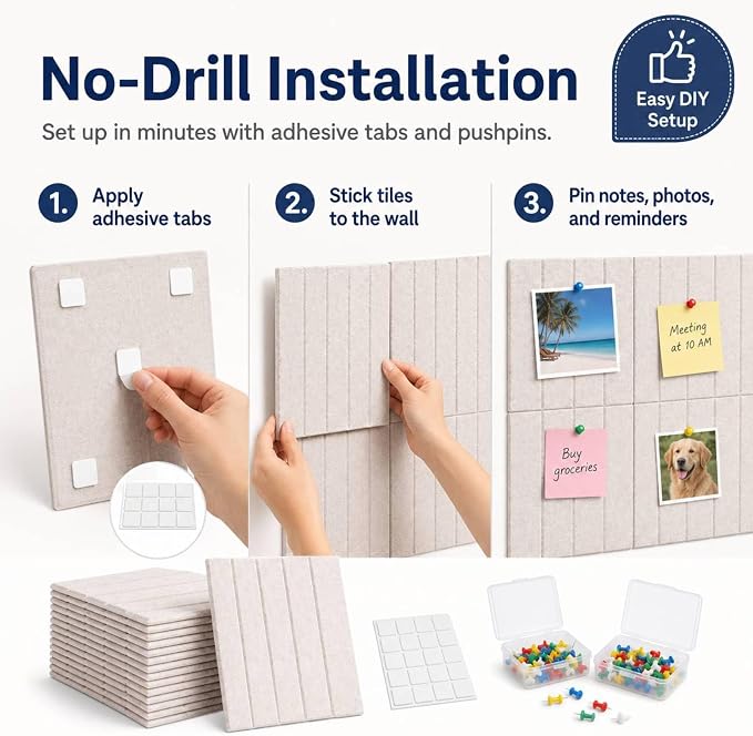 48"x48" Large Felt Bulletin Board Tiles for Wall, 16 Pack, Oatmeal | with Pushpins & Adhesive Tabs, No-Drill Installation, for Home or Office Wall Decoration and Protection, Freely DIY Projects