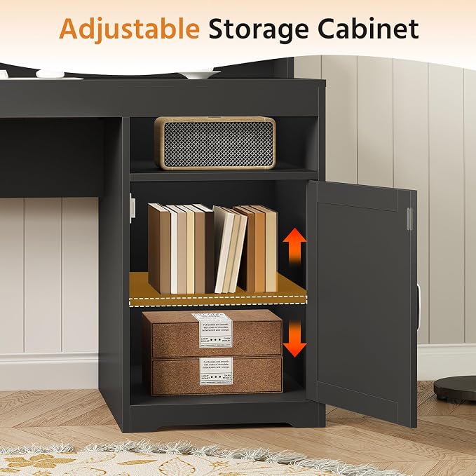 63" Black Computer Desk with 4 Drawers & Outlets for Home Office, Bedroom | Executive Desk with Printer Stand, Monitor Stand, Home Office Desks with Power Outlets, Storage Shelves, Black