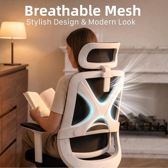 Mesh Ergonomic Office Chair with Lifting Armrests Home Office Desk Chair with Headrest and Backrest 90-150 Adjustable for Home, Office, Gaming, Student（White+Black）