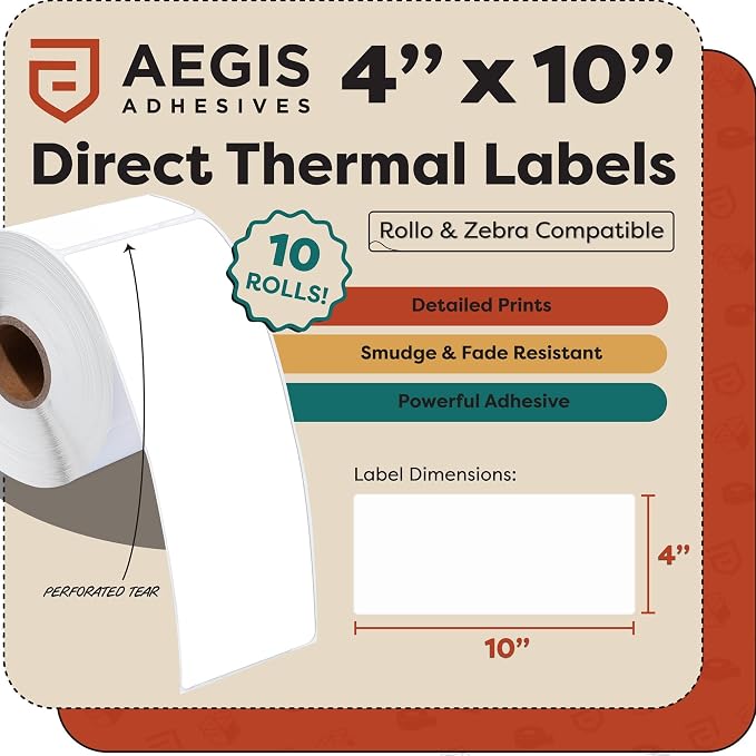 4" X 10" Direct Thermal Labels (1600 Count, 10 Rolls) | Extended Shipping Labels and Barcode Stickers for Warehouse Carton Relabeling - Compatible With Zebra and Rollo Printers