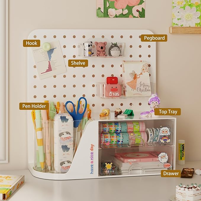 Comix Desk Organizer with 2 Drawer, Multifunctional Pen Holder for Desk, Desktop Organizer with Pegboard + Drawer + 5 Slots Pencil Holder for Office Home Art Supplies (White)