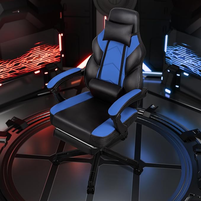 Gaming Chairs for Adults, Computer Chair with Footrest and Ergonomic High Back, Big and Tall Gamer Chairs with Massage Lumbar Support, 360° Swivel Height Adjustable Gaming Chair, Blue