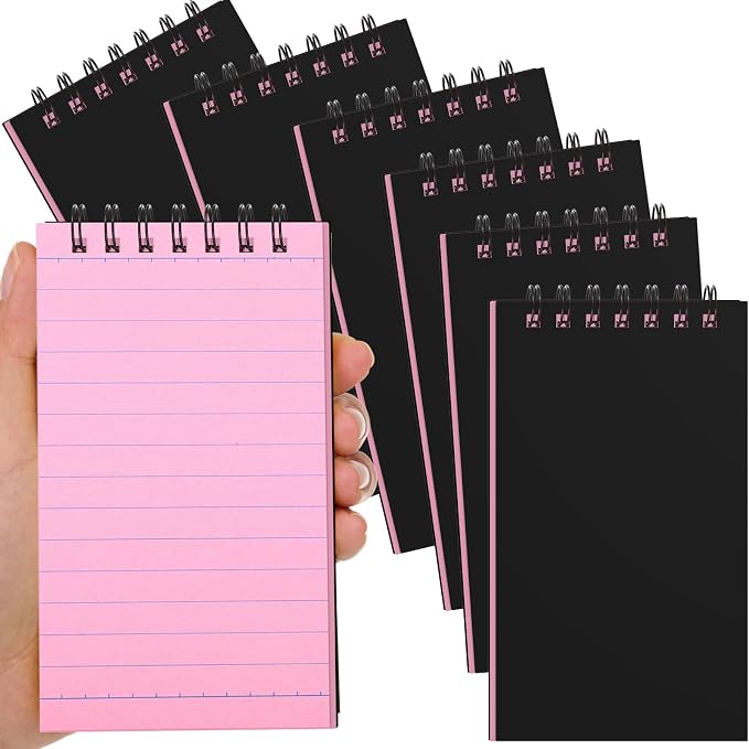 Tenceur 6 Pcs Pocket Notebook Small 3x5 Inch Black Cover Pink Page Top Spiral Notepads Bound Notebook with Lined 120 Pages Mini Memo Pads for Office College Nurse Essentials Back to School Gift