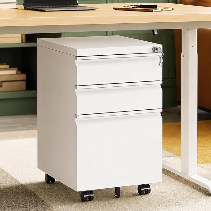3 Drawer Small Under Desk Rolling File Cabinet with Lock for Home Office | Fully Assembled,Central Locking System,Metal,Pencil Tray,Hanging File Bar,Anti-Tipping Caster