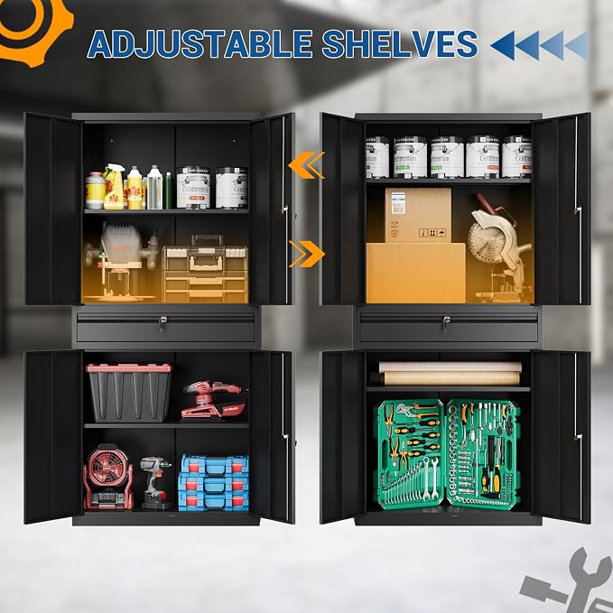 Fesbos 71" Metal Cabinet-Black Heavy Duty Storage File Cabinet Steel Tool Cabinets with Shelves, Lockable Doors and Drawers- for Garage, Pantry, Warehouse - Assembly Required