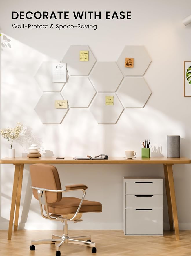 Fluxynara 8-Pack Hexagon Felt Bulletin Board Tiles, Milky White | Cork Board Alternative with 50 Adhesive Tabs for Notes, Photos and Reminders in Home Offices, Dorm and Classrooms