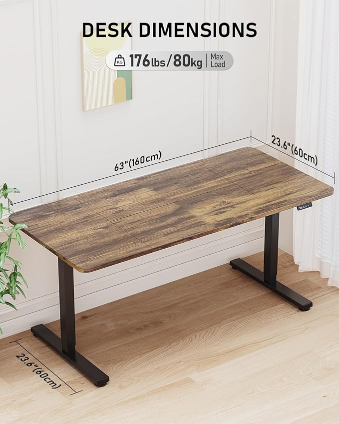 Standing Desk, Large Height Adjustable Electric Stand up Desk, 63 x 24 Inches Sit Stand Home Office Desk, with Splice Board, Black Frame/Rustic Brown Top