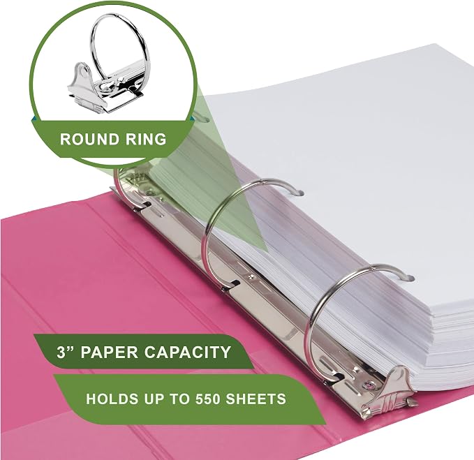 Samsill Earth’s Choice™, Durable Fashion Color 3 Ring View Binder, 3 Inch Round Ring, Up to 25% Plant Based Plastic, Eco-Friendly, USDA Certified Biobased, Pink Berry, Value 2 Pack (U86876)