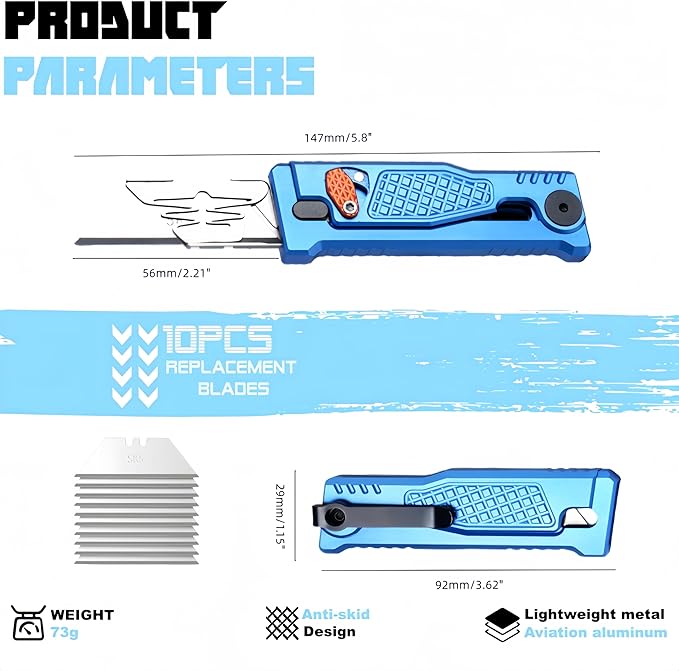 5.8" Aluminium Utility Knife, EDC Box Cutter with Clip, CNC Unibody, Lightweight All Metal Folding Box Cutter, Ideal Gifts for Men Women, with 10 Extra Blades（Blue）