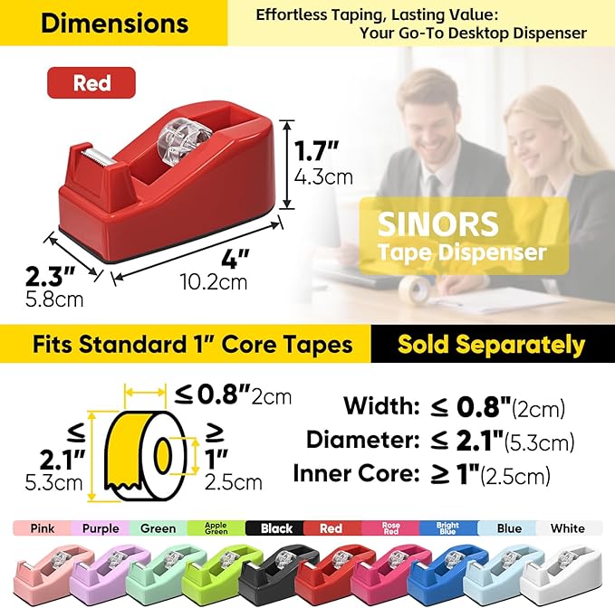 Desktop Office Tape Dispenser, Fits Standard 1-Inch Core Tapes, Weighted Base, Sharp Metal Blade, Smooth Cutting, Adhesive Roll Holder for Office, School, Shop, Home & Business - Red