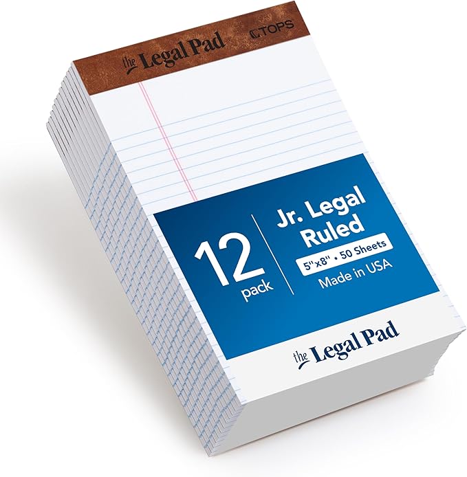 TOPS 5 x 8 Legal Pads, 12 Pack, The Legal Pad Brand, Narrow Ruled, White Paper, 50 Sheets Per Writing Pad, Made in the USA (7500)