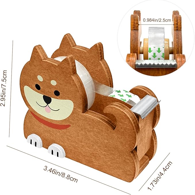 Wooden Tape Dispenser Desk - Cute Adorable Animal Design for Desk Organizing, 2-Pack Set Office & School Supplies (Black and Brown) (Dog)